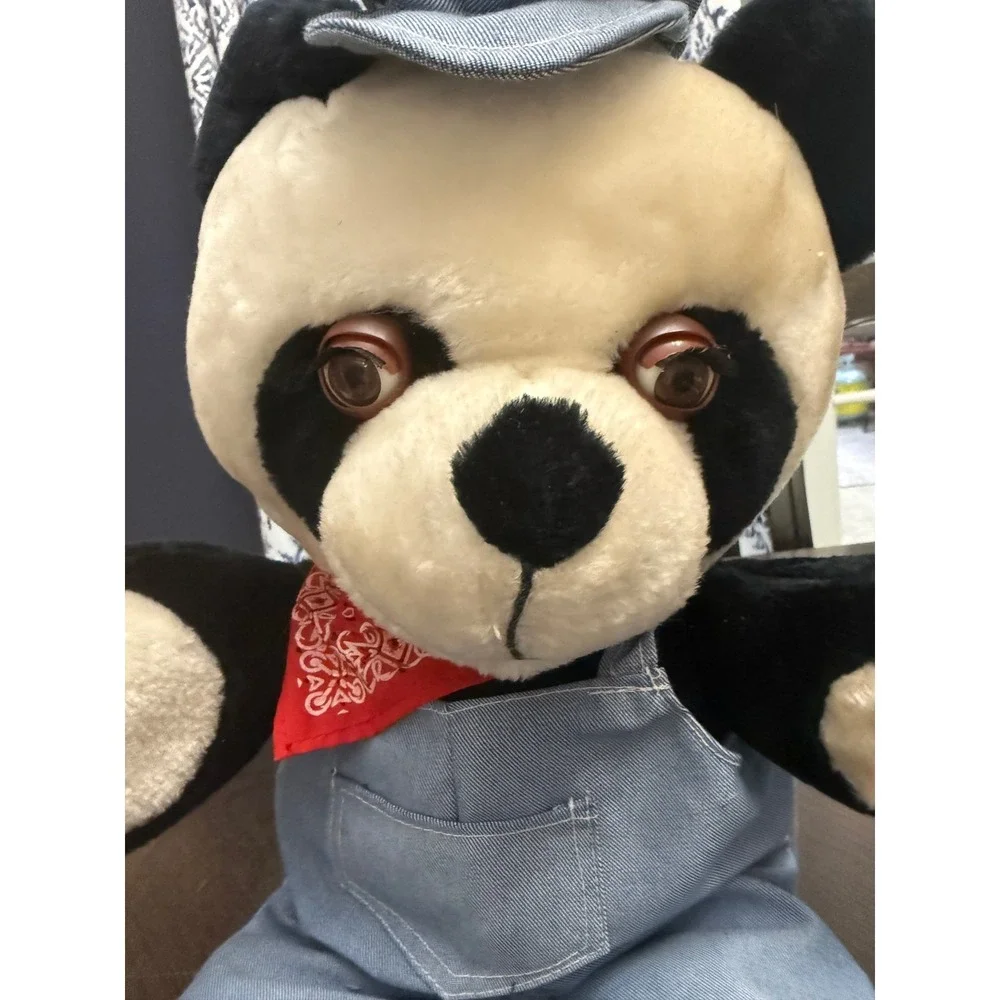 Vintage‎ Musical Panda Plush Bear in Denim Overalls Engineer Hat & Bandana 21